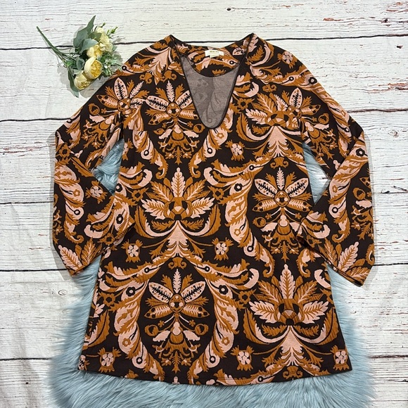 Anthropologie Maeve Paisley Orange Bell-Sleeve Mini Dress - Picture 2 of 10